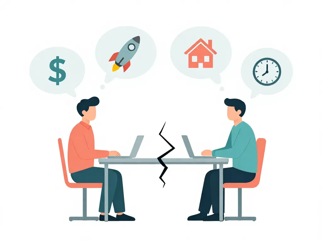 Illustration of two co-founders sitting on opposite sides of a cracked table with misaligned thought bubbles showing different goals