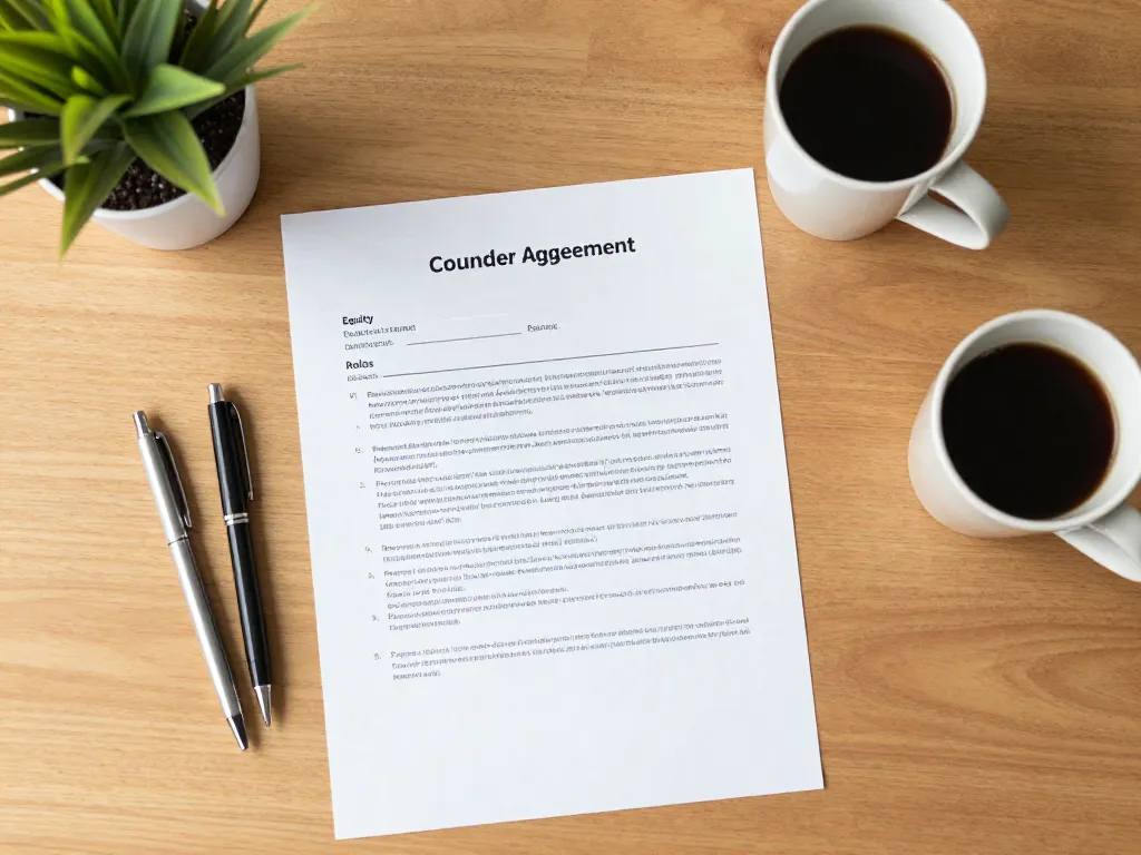 Top-down view of a co-founder agreement document on a desk with two pens and coffee cups, representing formalized partnership terms