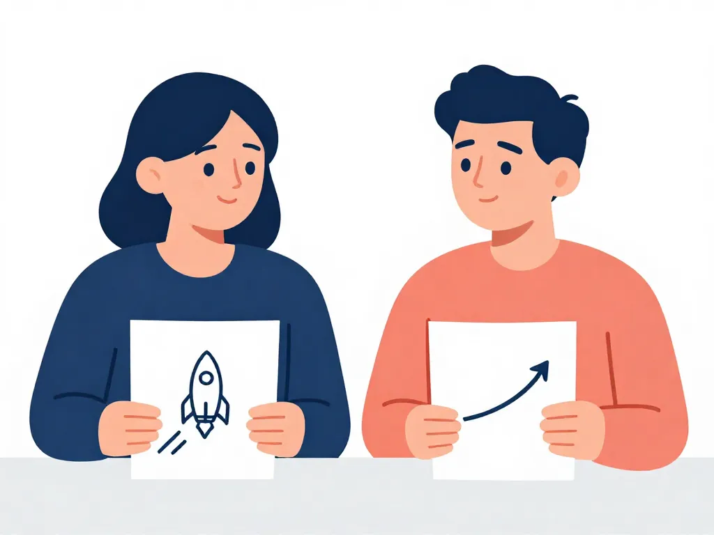 Illustration of two co-founders comparing their different visions for company growth