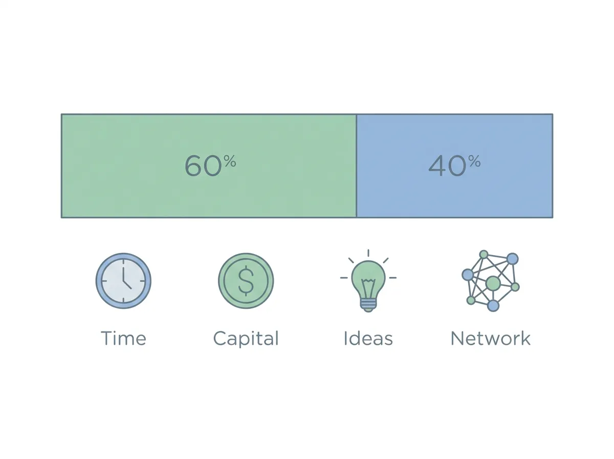 Infographic showing how co-founder equity can be split based on different contribution types like time, capital, ideas, and network