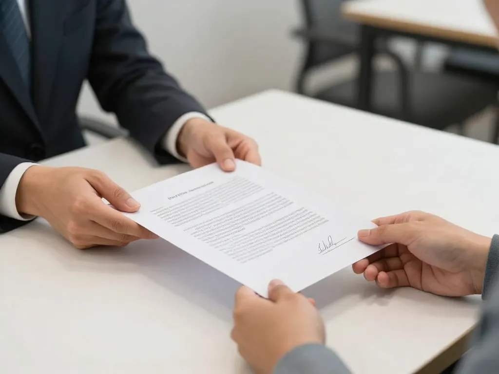 Two co-founders exchanging a formal written partnership agreement across a table