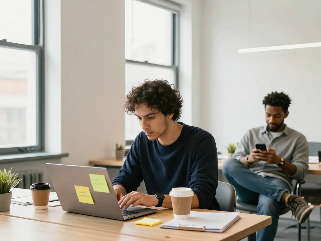 Two co-founders at a shared desk showing a visible gap in effort and engagement levels