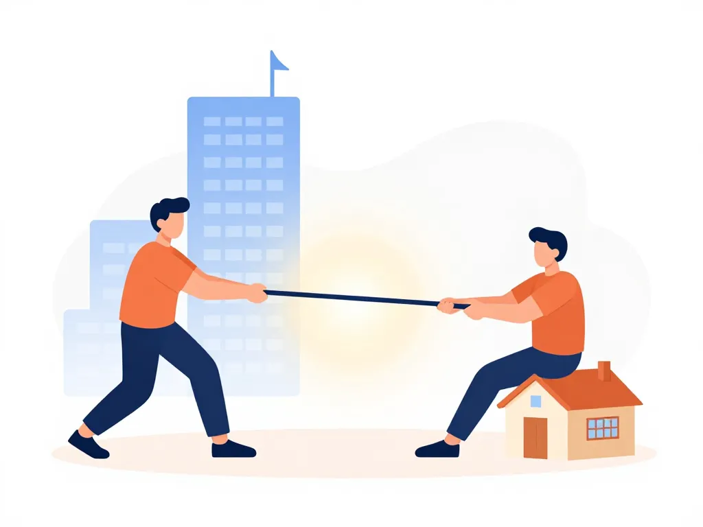 Illustration of two co-founders pulling a startup in different directions, representing vision misalignment