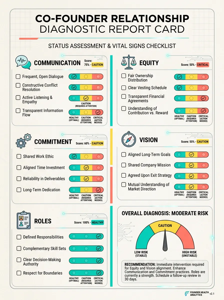 Diagnostic checklist infographic for assessing co-founder relationship health across five categories with color-coded severity levels