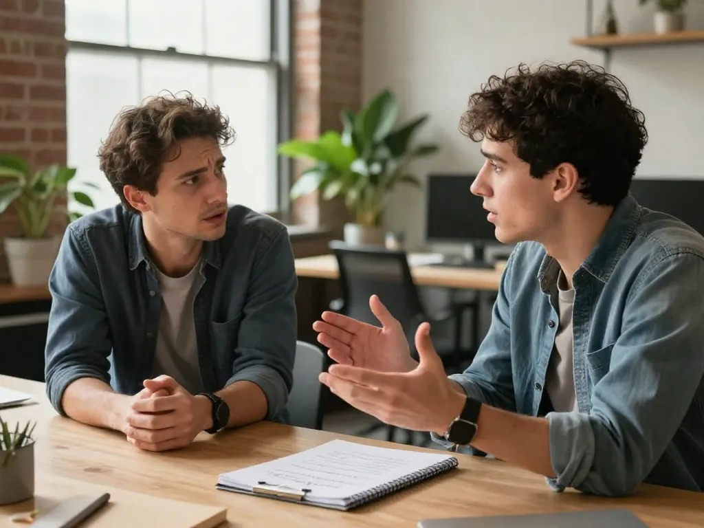 Two startup co-founders having a difficult but productive conversation across a table with written notes between them