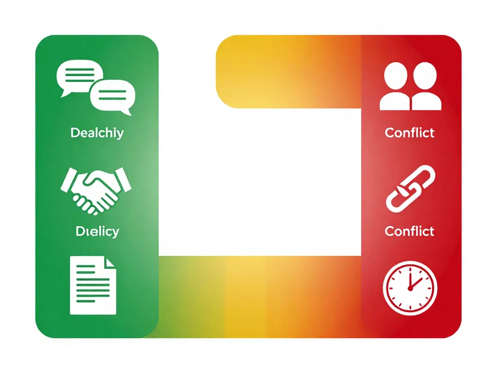 Spectrum illustration showing healthy co-founder tension on one end and destructive conflict on the other, with behavioral icons at each stage