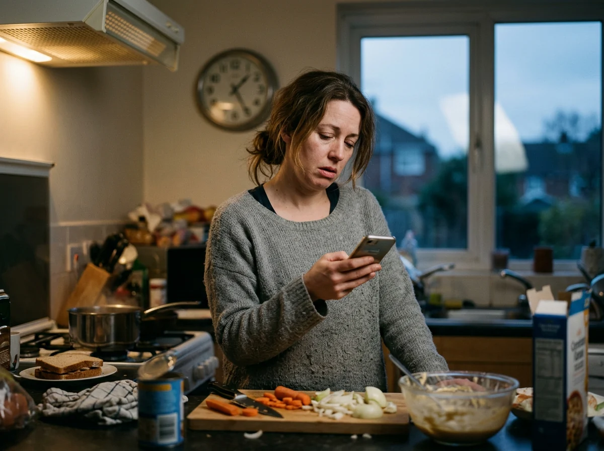 A parent reading a last-minute schedule change text in the kitchen at dinnertime