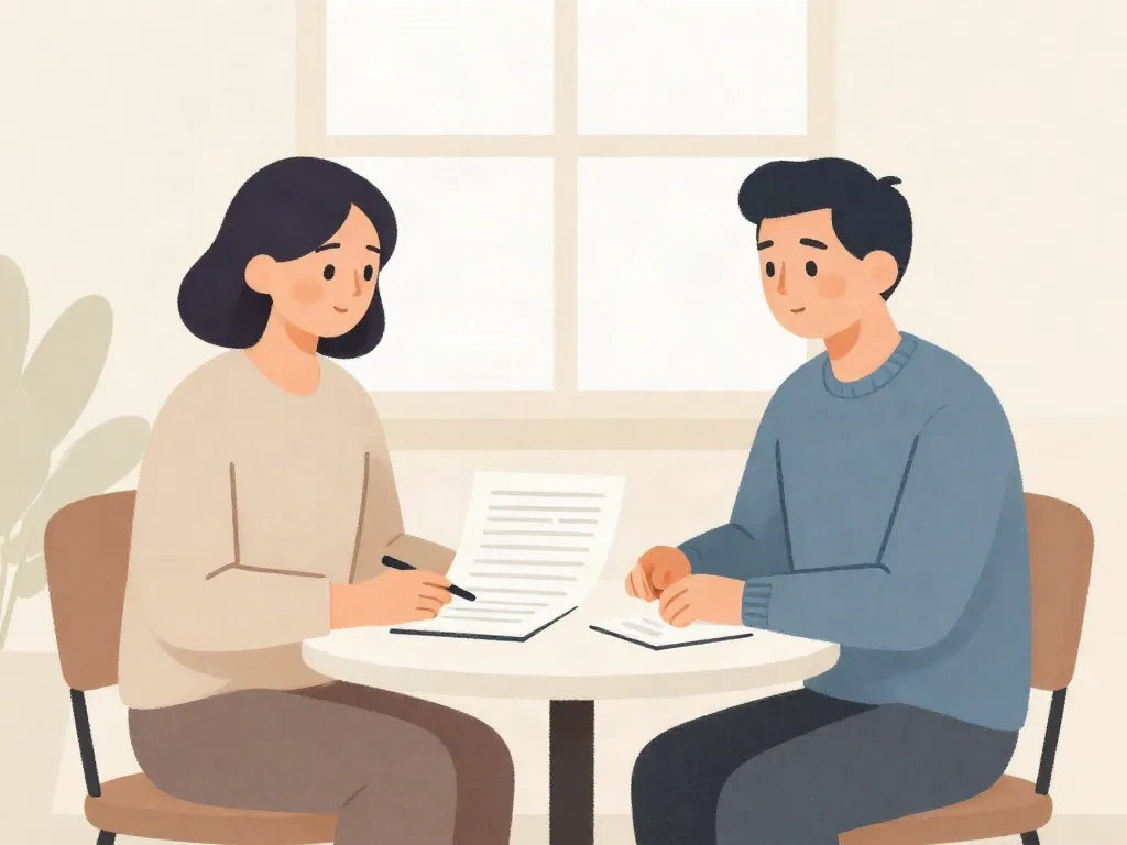 Illustration of two co-parents sitting at a table having a structured, calm meeting with a shared agenda between them