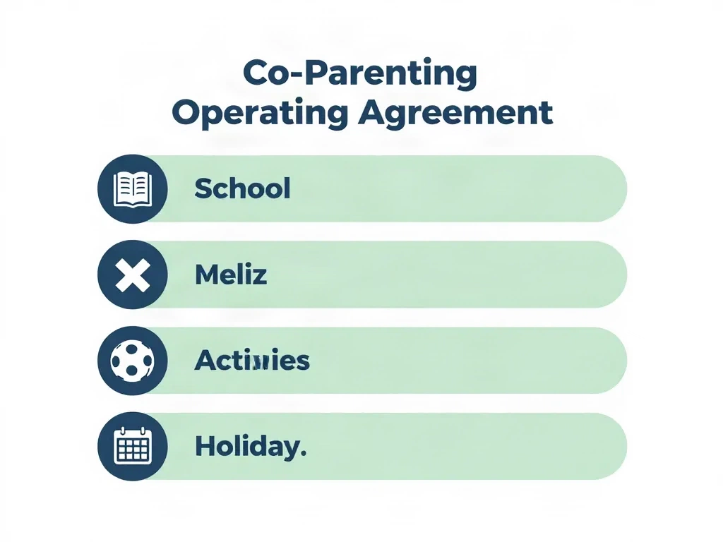 Illustrated co-parenting operating agreement document showing organized sections for school, medical, activities, and holiday decisions