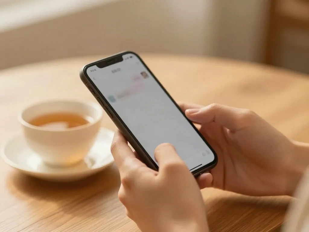 Person pausing thoughtfully before responding to a message on their phone, representing the 24-hour rule in co-parenting communication