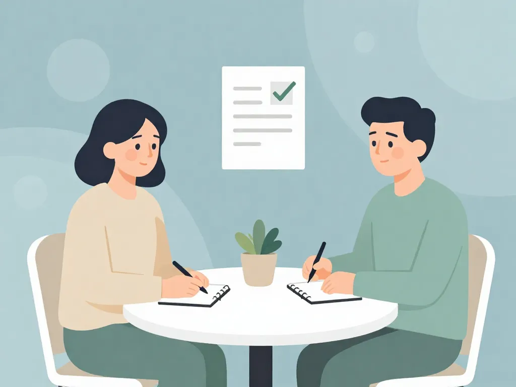 Illustration of two co-parents sitting at a table with documents and a plant between them, representing a structured and calm business-like co-parenting discussion