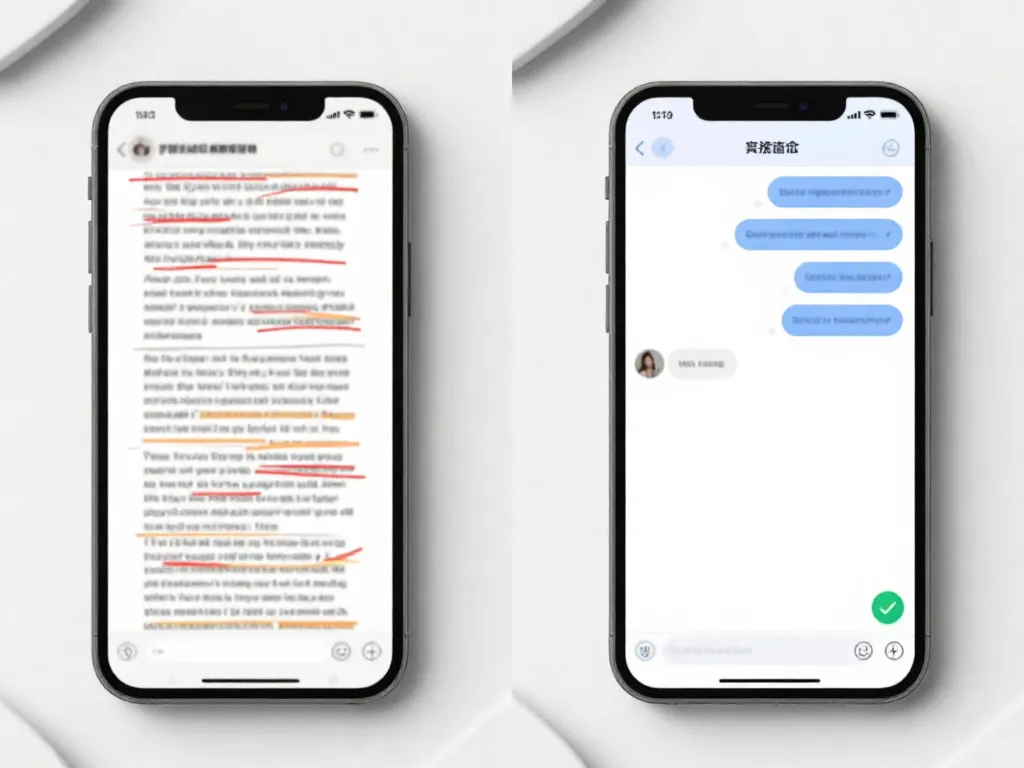 Two smartphone screens side by side comparing an emotional, lengthy co-parenting text exchange with a brief, professional BIFF-style message