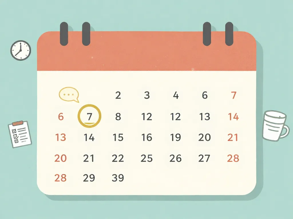 Illustration of a monthly calendar with a scheduled co-parenting board meeting date circled, surrounded by icons representing organization and structured communication