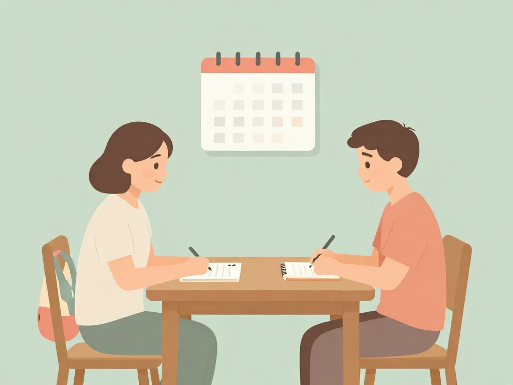 Illustration of two co-parents sitting at a table reviewing a shared agenda, representing structured co-parenting communication
