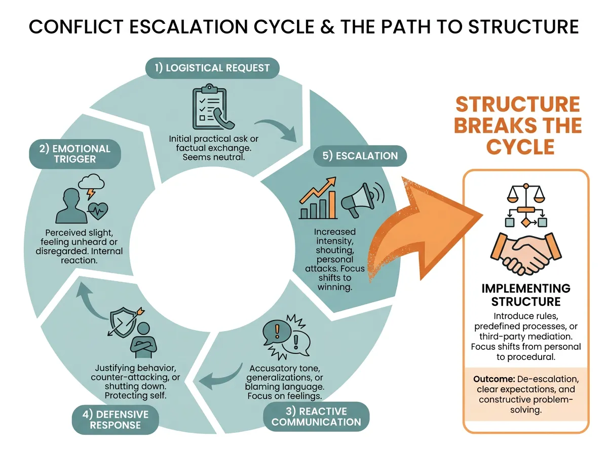 Diagram showing the five-step conflict escalation cycle in co-parenting and how structure breaks the pattern