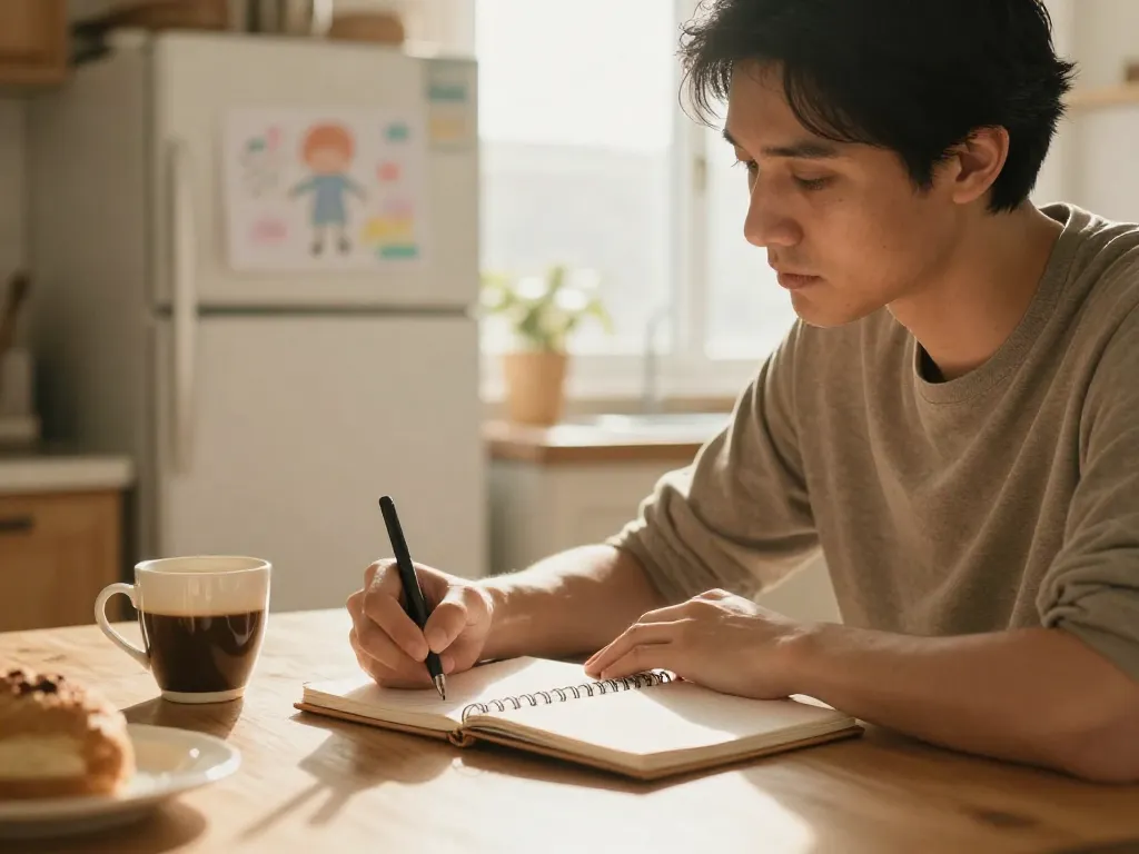 Parent calmly planning a co-parenting schedule at a kitchen table in warm morning light