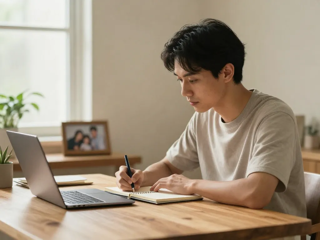 A parent calmly preparing written communication at a home desk