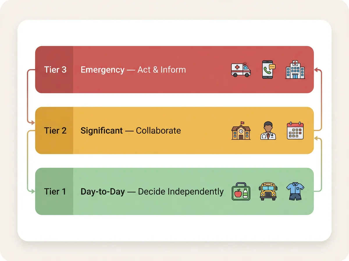Three-tier diagram showing co-parenting decision categories from day-to-day to emergency decisions
