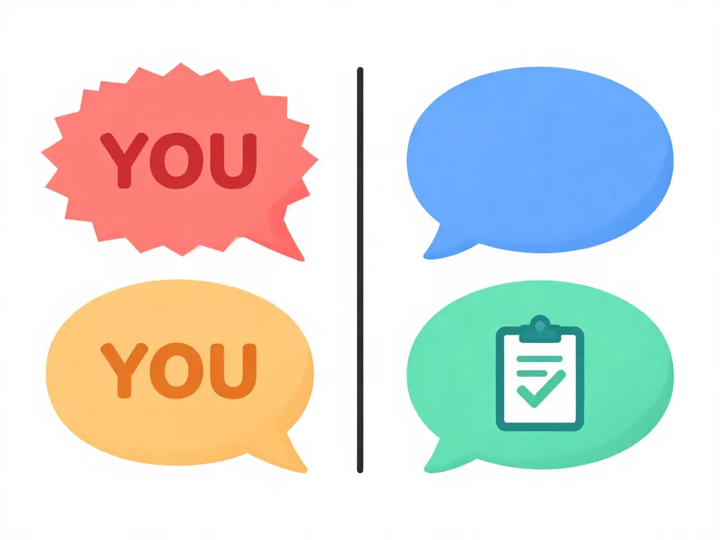 Comparison illustration showing character-based language versus problem-based language in co-parenting communication