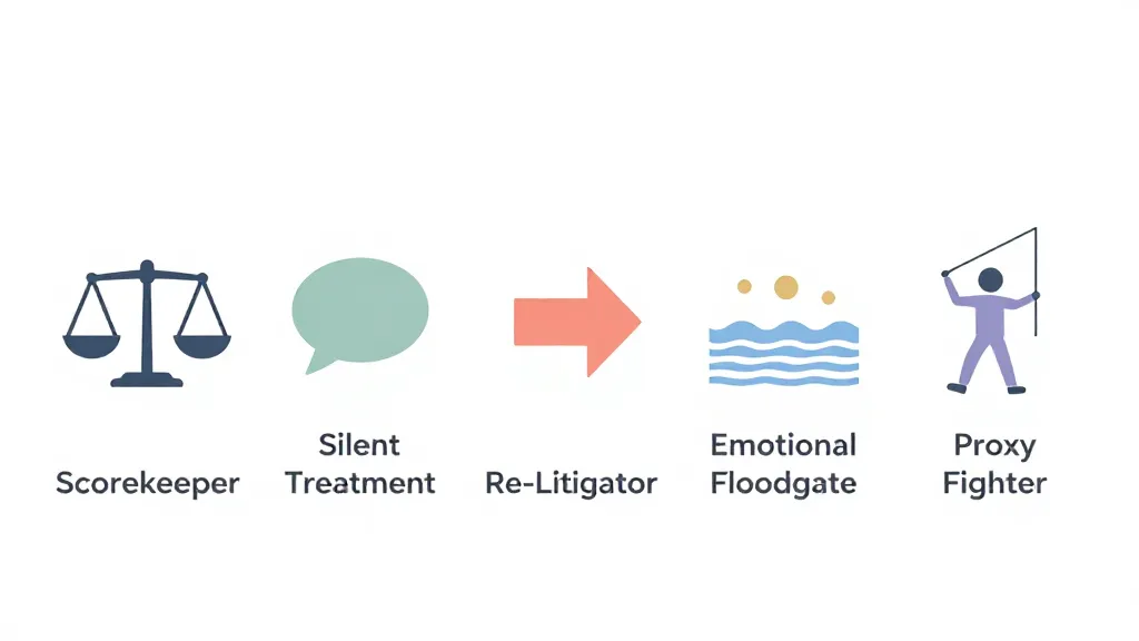 Five icons representing co-parenting conflict styles: a scale for the Scorekeeper, empty speech bubble for Silent Treatment, rewind symbol for the Re-Litigator, wave for the Emotional Floodgate, and puppet strings for the Proxy Fighter