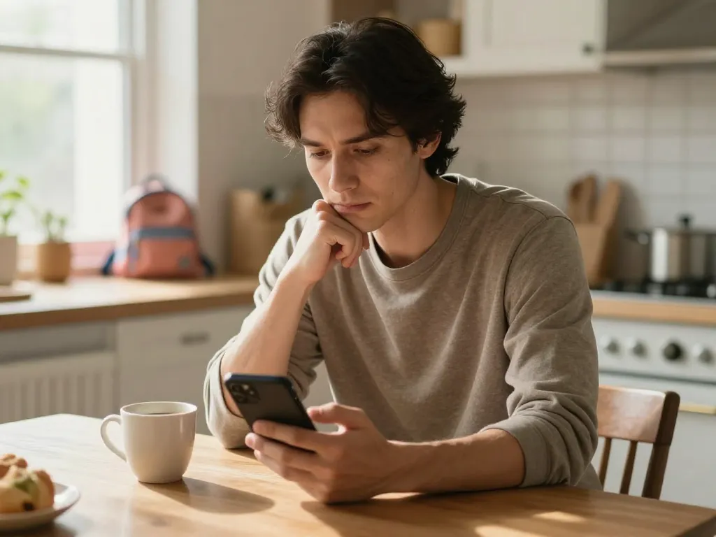 A parent pausing thoughtfully at a kitchen table before responding to a co-parenting message on their phone, with warm morning light and a coffee cup nearby