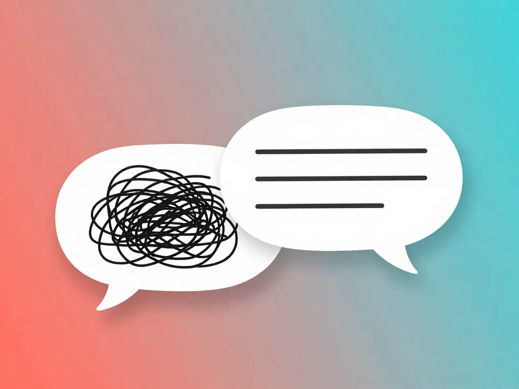 Illustration of two speech bubbles transitioning from chaotic scribbles to organized lines, representing the shift from destructive to structured co-parenting communication