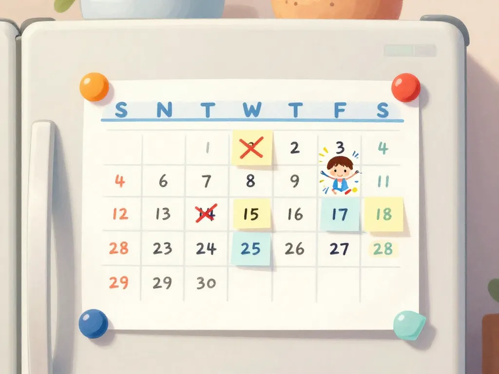 Illustration of a messy, frequently changed custody schedule on a refrigerator door next to a child's drawing, representing the instability of inconsistent co-parenting schedules