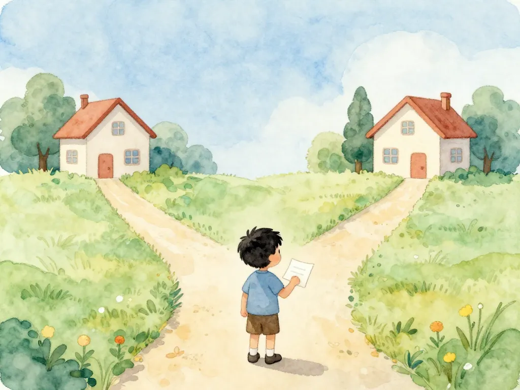 Watercolor illustration of a child standing at a fork in a path holding a message, representing children caught in the middle of co-parent communication conflicts