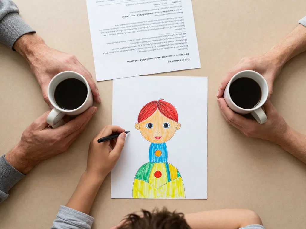 Overhead view of two parents' hands holding coffee mugs on opposite sides of a table with a child's colorful artwork in the center, symbolizing child-centered co-parenting