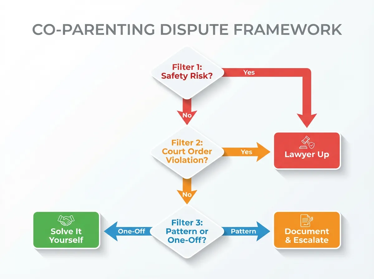Flowchart showing the 3-filter decision framework for co-parenting disputes: Safety, Court Order Violation, and Pattern filters leading to Solve It, Document and Escalate, or Lawyer Up decisions