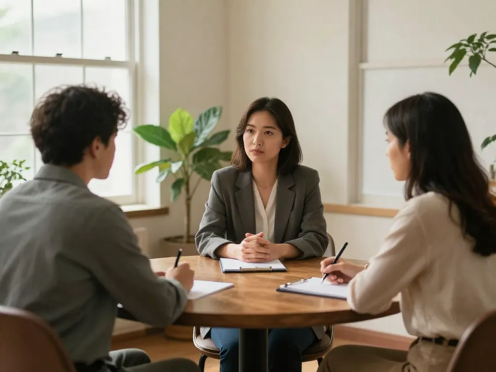 Two co-parents and a mediator having a productive conversation at a round table in a calm, naturally lit office setting