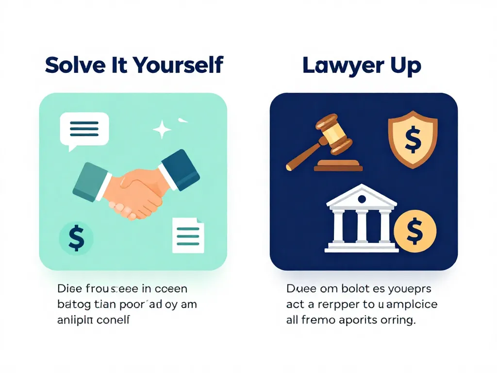 Comparison illustration showing scenarios appropriate for self-resolution versus those requiring legal help, with associated costs and icons