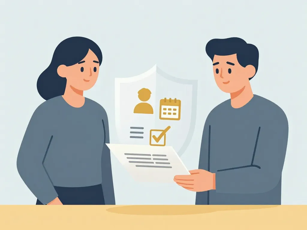 Illustration of two co-parents collaborating over a shared parenting agreement document with child-focused icons between them