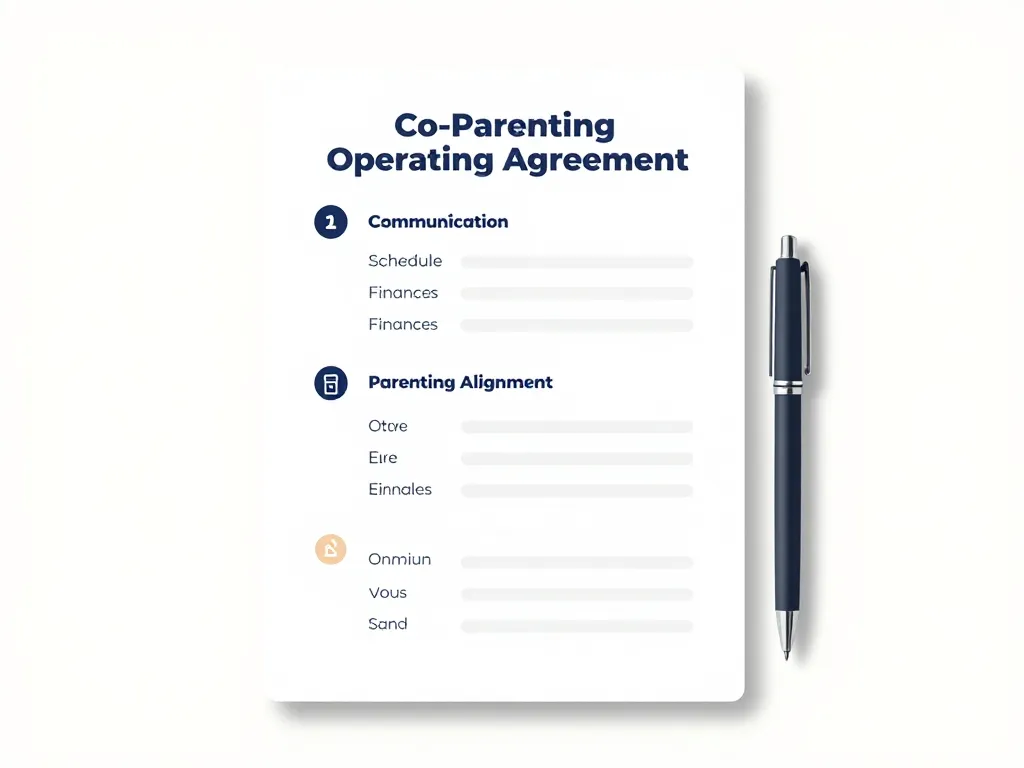 Visual template of a co-parenting operating agreement showing sections for communication, schedule, finances, and parenting alignment