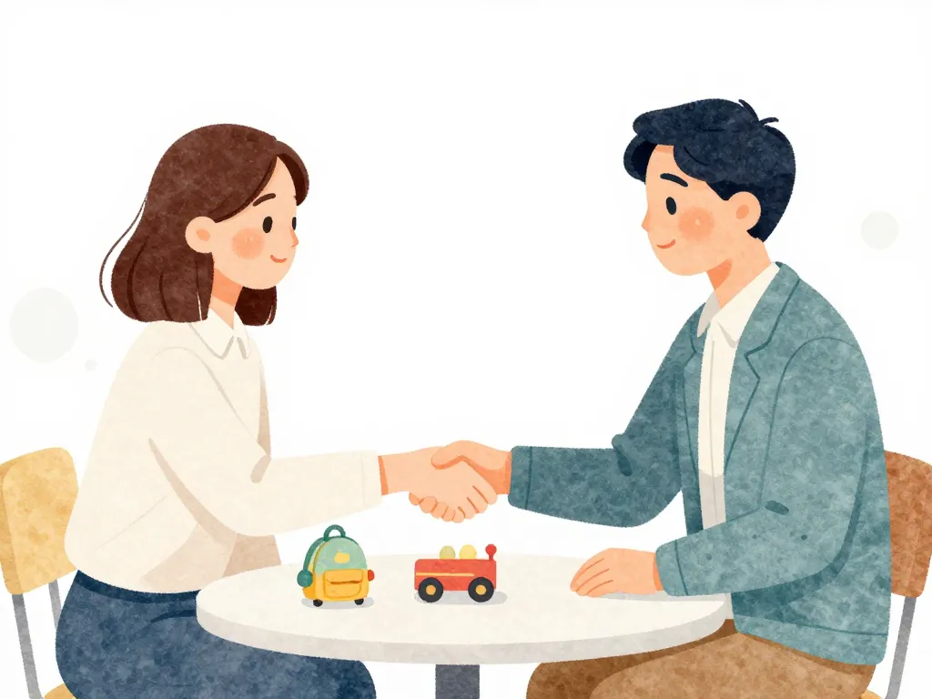 Illustration of two co-parents shaking hands across a table with children's items, representing a business-like parenting partnership