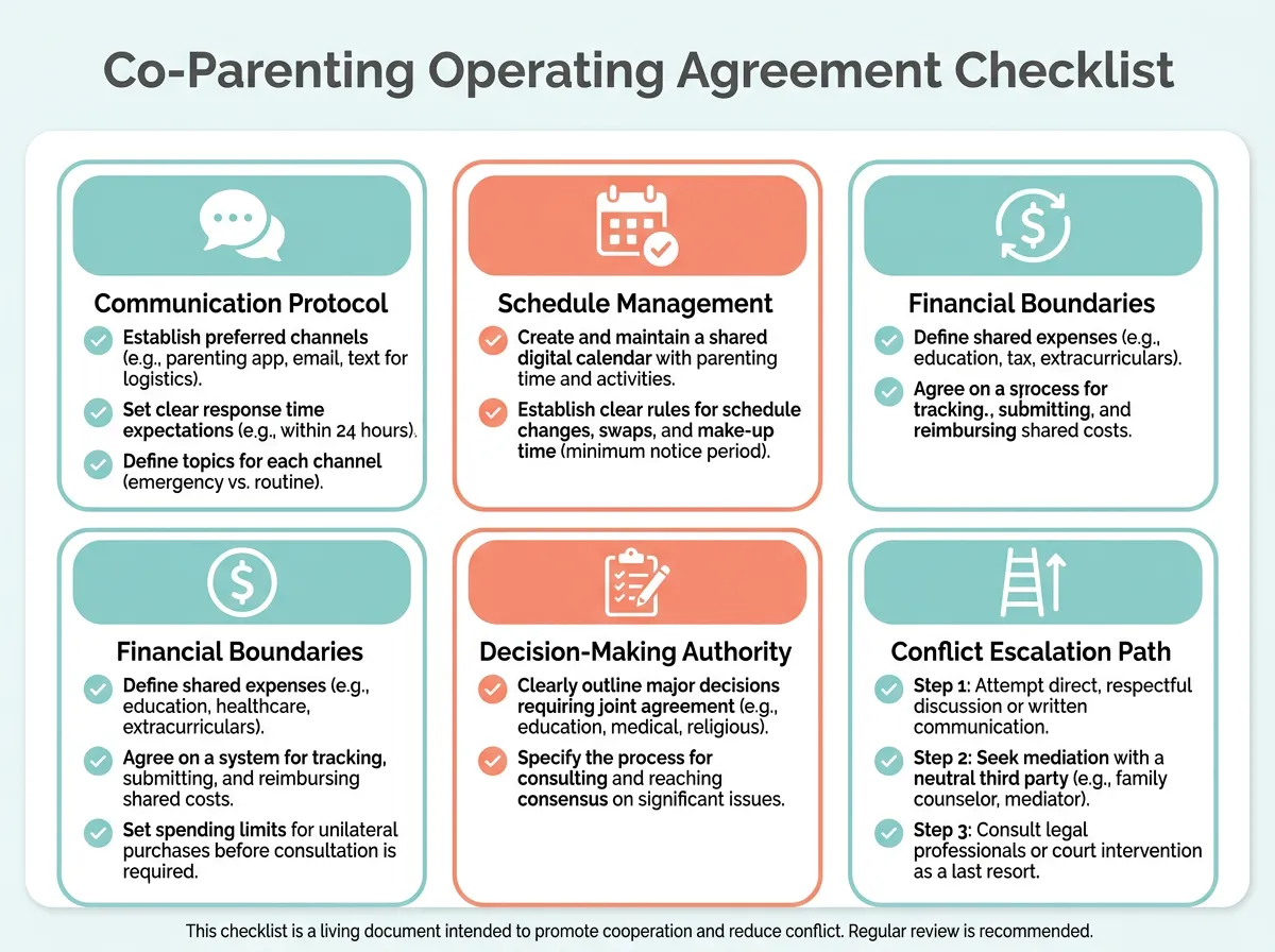 Infographic showing five key sections of a Co-Parenting Operating Agreement: communication, scheduling, finances, decisions, and conflict escalation