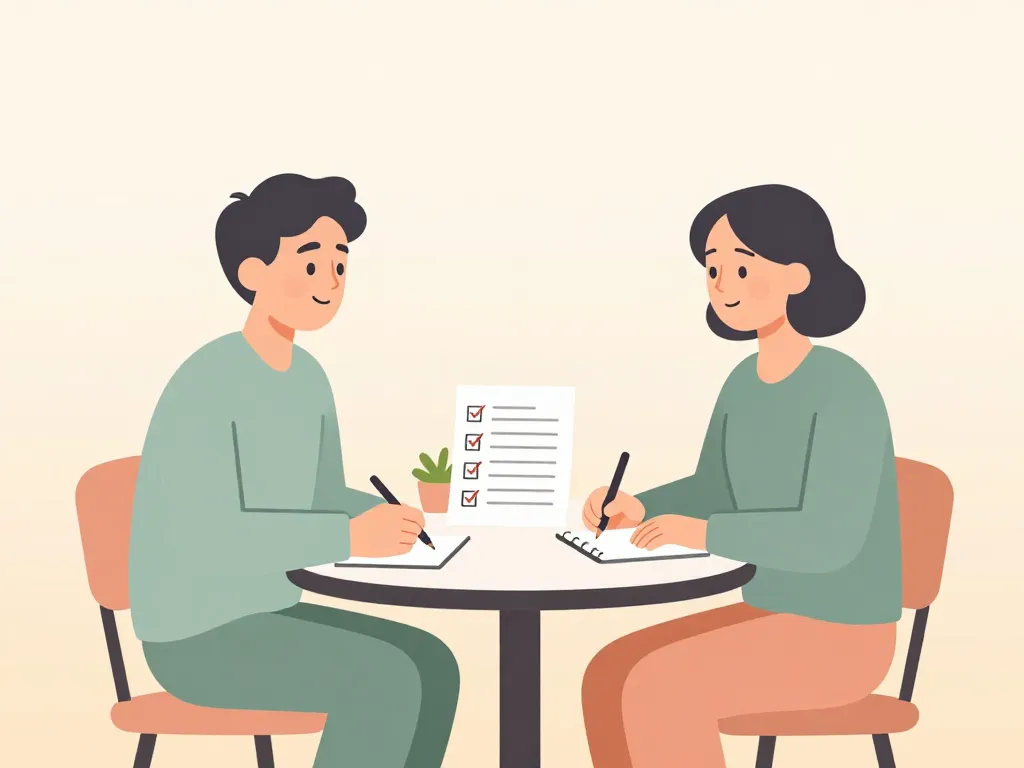Illustration of two co-parents having a structured check-in meeting at a table with notes and an agenda