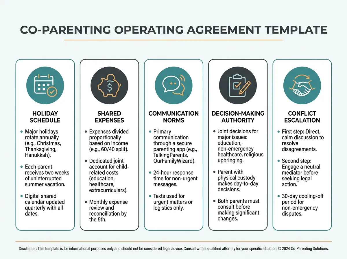 Infographic template showing five key sections of a co-parenting operating agreement: holiday schedule, shared expenses, communication norms, decision-making authority, and conflict escalation