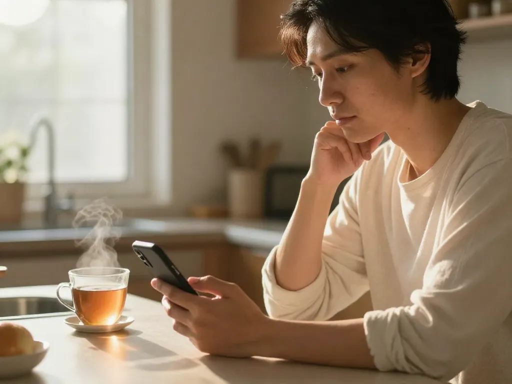 A parent pausing thoughtfully before responding to a co-parenting message, illustrating the 48-hour rule