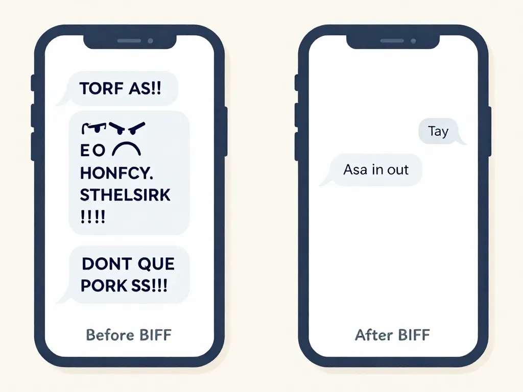 Side-by-side comparison of an aggressive co-parenting text message and a calm BIFF method response