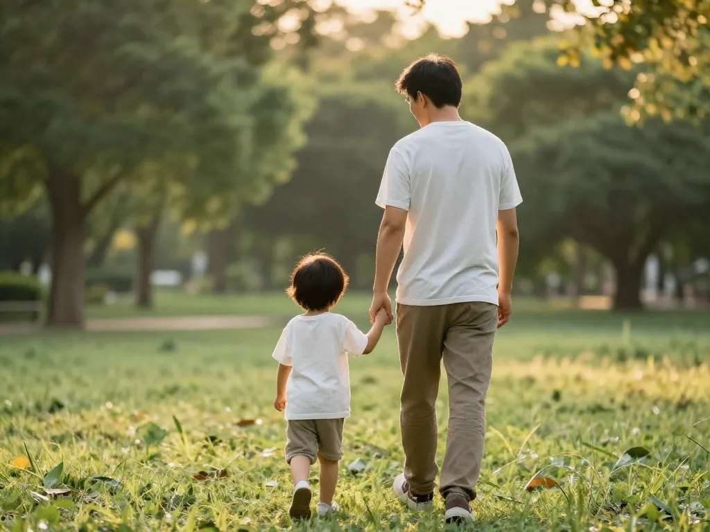 Parent and child walking hand in hand through a sunlit park, representing stability and peace in co-parenting