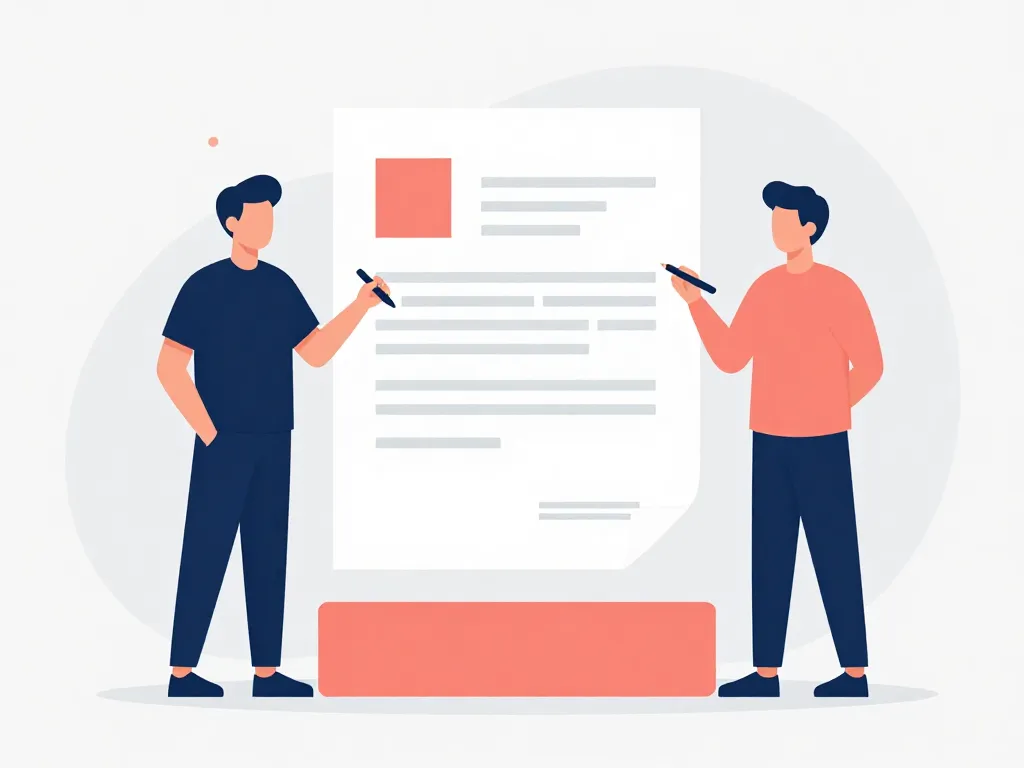 Illustration of two cofounders standing beside a formal agreement document on a stable foundation