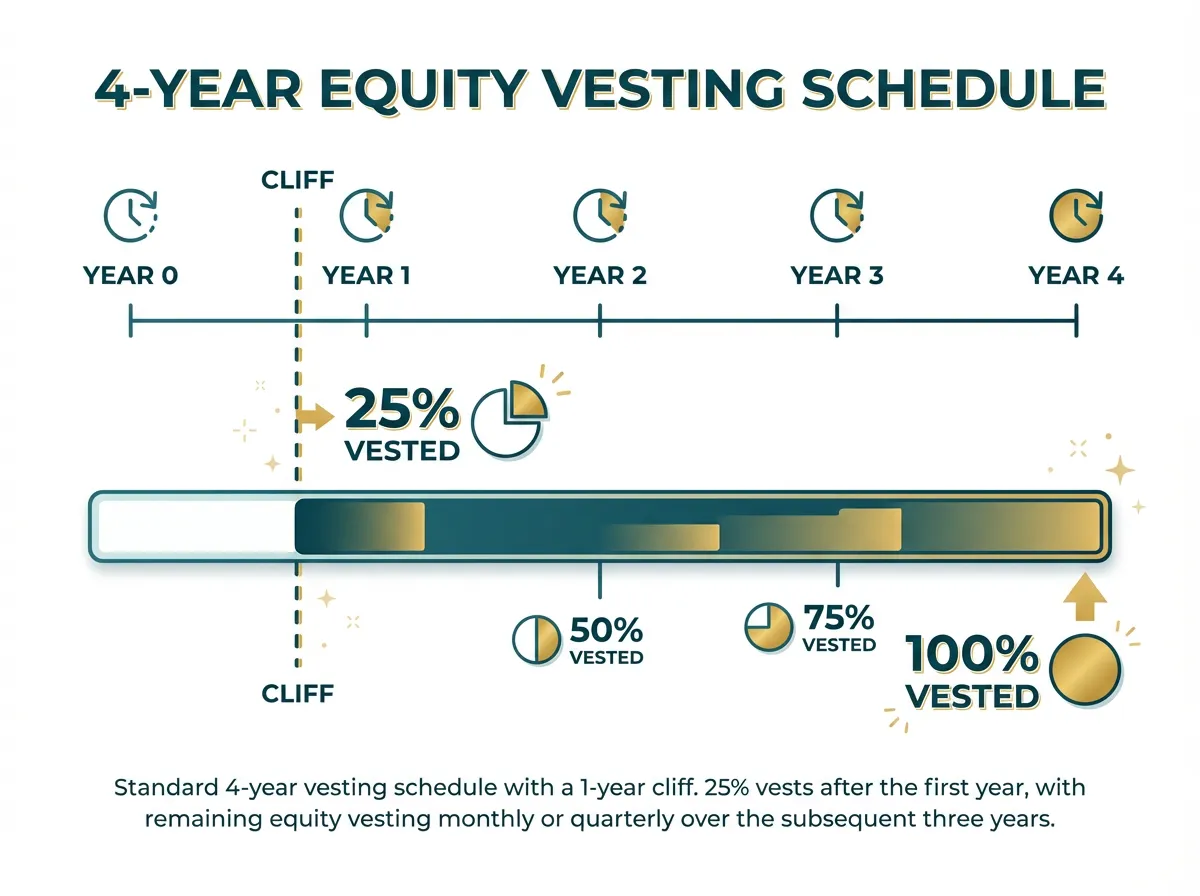Diagram showing a standard 4-year equity vesting schedule with a 1-year cliff for cofounders