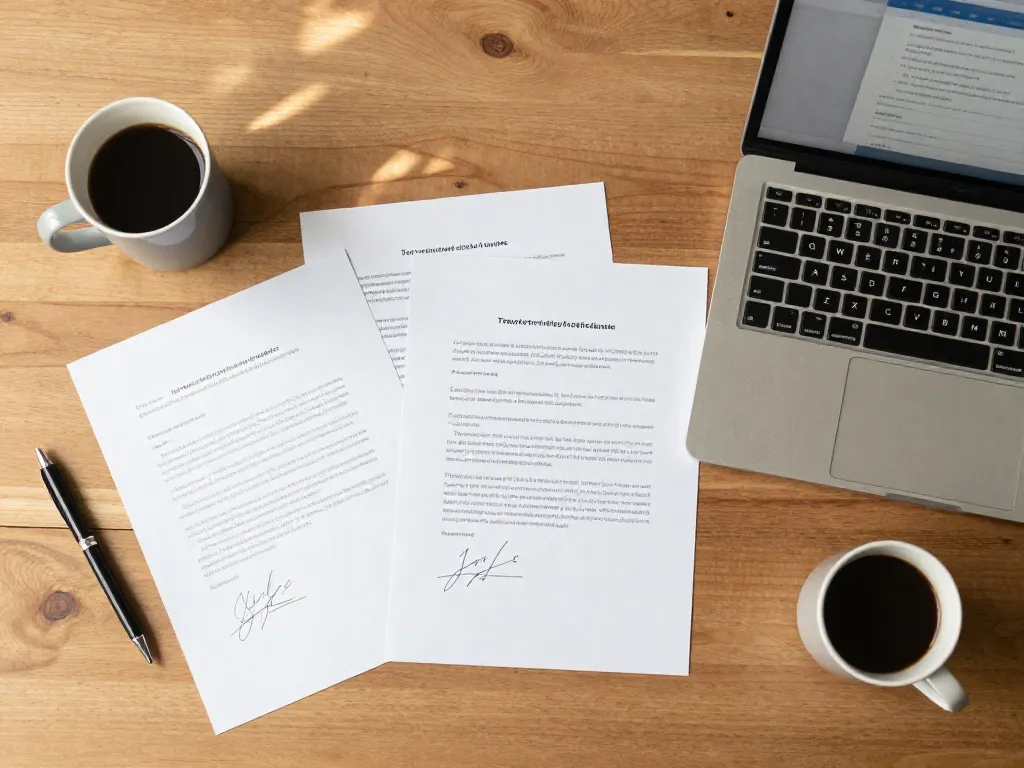 Overhead view of signed cofounder agreement documents on a desk with pens and coffee cups