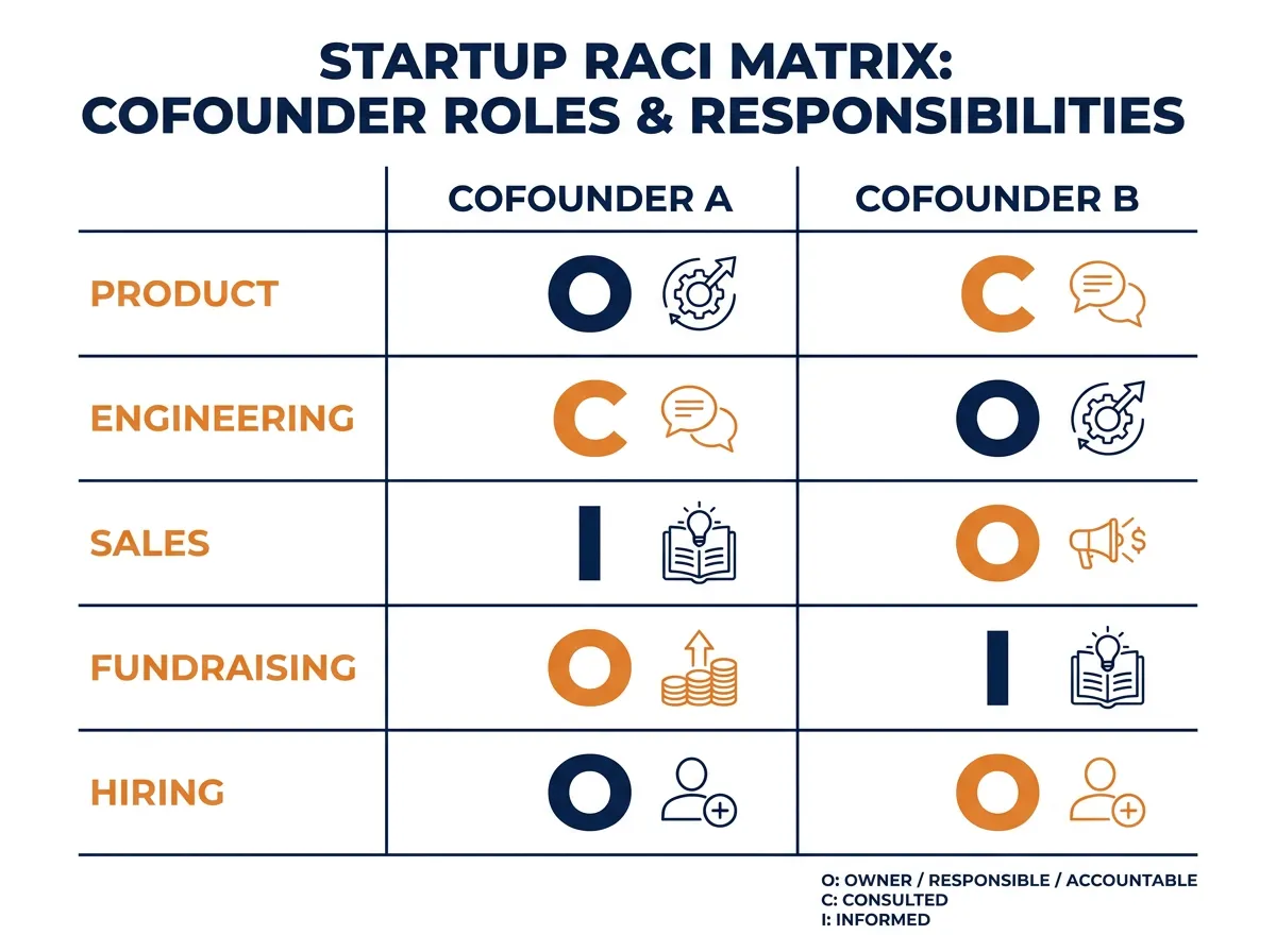 RACI responsibility matrix diagram showing how cofounders divide ownership across key startup functions