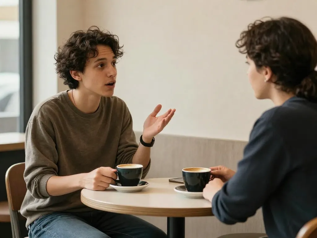 Two cofounders having an honest, focused conversation about their startup partnership over coffee