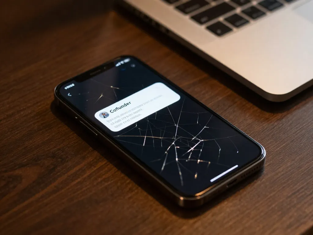 Cracked smartphone on a desk showing an unread message notification from a cofounder, conveying avoidance and dread