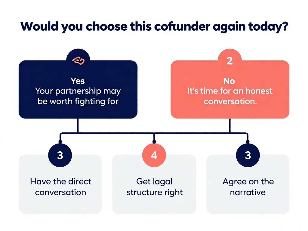 Decision flowchart helping founders determine if their cofounder relationship can be saved or if it's time for a structured separation