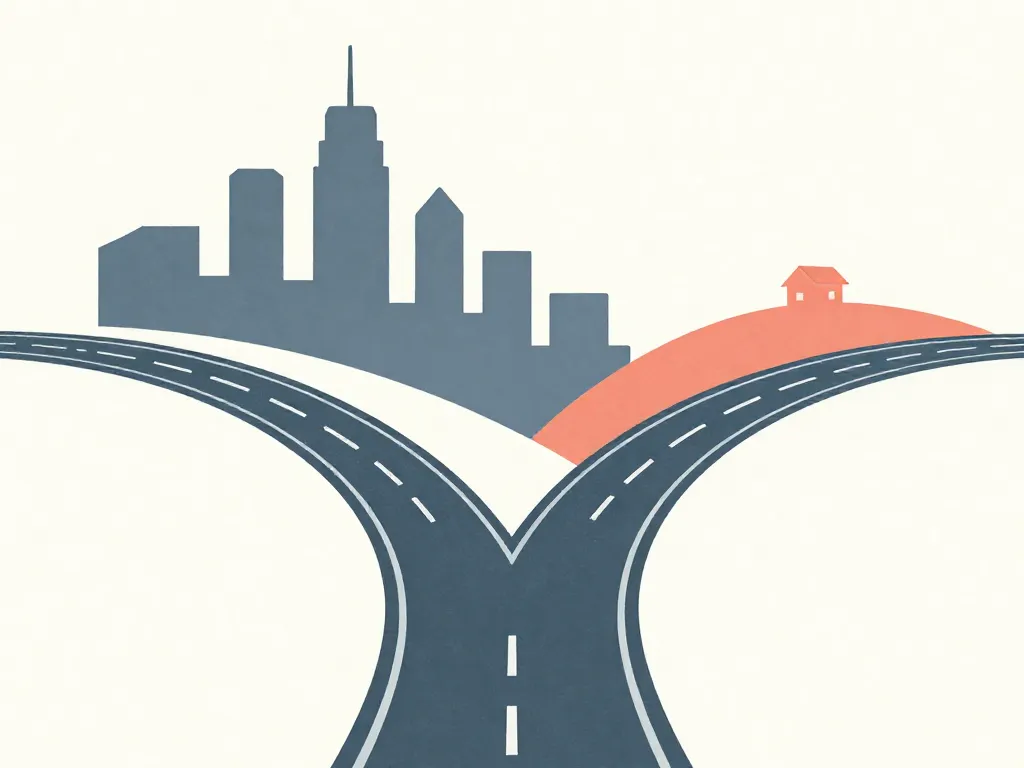 Illustration of two diverging paths representing misaligned ambition between cofounders—one path toward rapid growth, the other toward a sustainable lifestyle