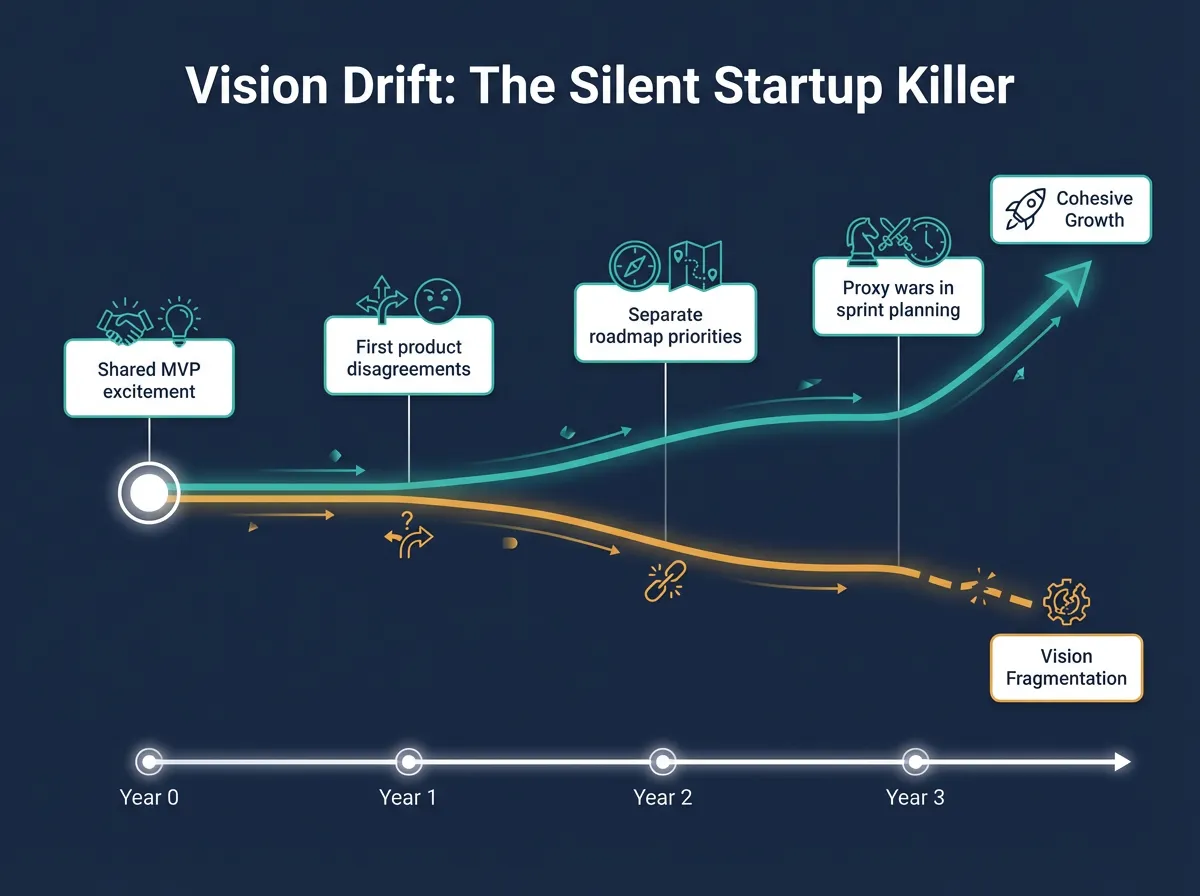 Infographic showing a timeline of cofounder vision drift from shared excitement to diverging priorities over three years